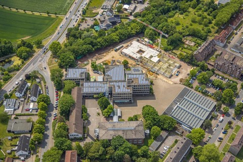 Aerial view, Mont-Cenis-Gesamtschule MCG, construction site with new building extension, Sodingen,