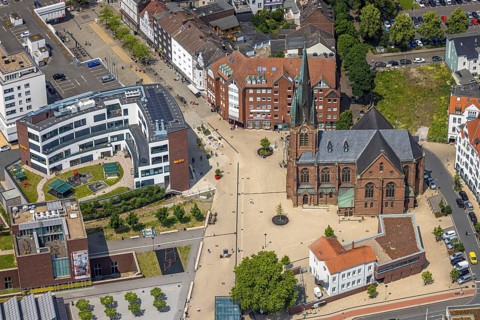Aerial view, Kreuzkirche at the entrance of Bahnhofstraße pedestrian zone at Europagarten,