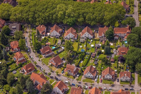 Aerial view, miners' housing estate Teutoburgia with red roofs, houses and gardens, Börnig, Herne,