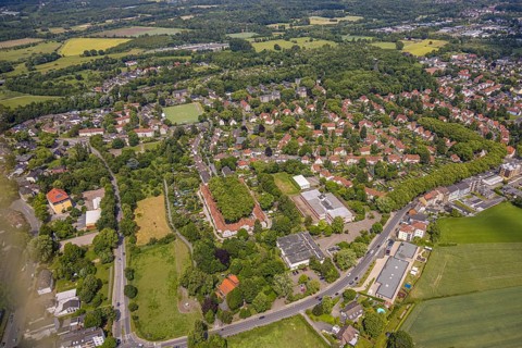 Aerial view, residential area local view Börnig with housing estate Teutoburgia Bergmannssiedlung