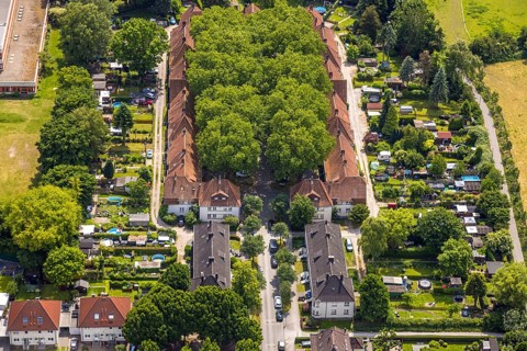 Aerial view, housing estate settlement Teutoburgia miners' settlement with group of trees in the