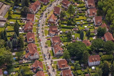 Aerial view, miners' housing estate Teutoburgia with red roofs, houses and gardens, Börnig, Herne,