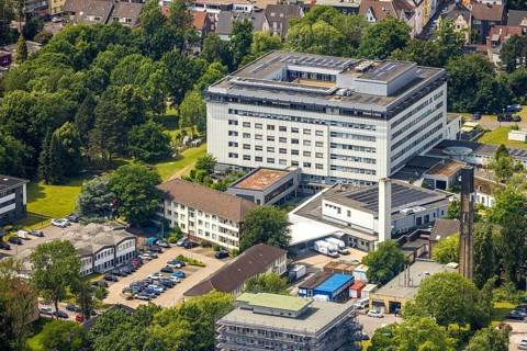 Aerial view, evang. hospital with extension, Herne-Mitte, Herne, Ruhr area, North Rhine-Westphalia,