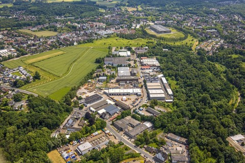 Aerial view, commercial area Gewerkenstraße, behind academy Mont-Cenis with round tree avenue,
