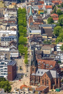 Aerial view, Kreuzkirche at the entrance of Bahnhofstraße pedestrian zone with green trees, above