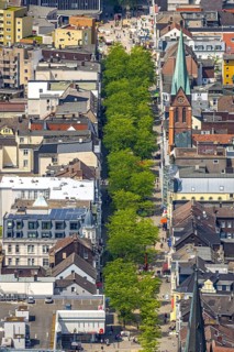 Aerial view, Bahnhofstraße pedestrian zone with green trees and St. Boniface Church, Herne-Mitte,