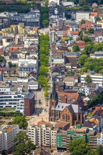 Aerial view, Kreuzkirche at the entrance of Bahnhofstraße pedestrian zone with green trees, above