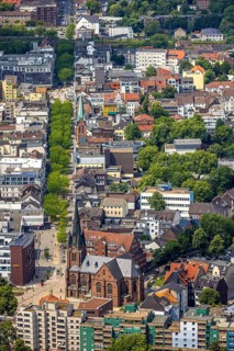 Aerial view, Kreuzkirche at the entrance of Bahnhofstraße pedestrian zone with green trees, above