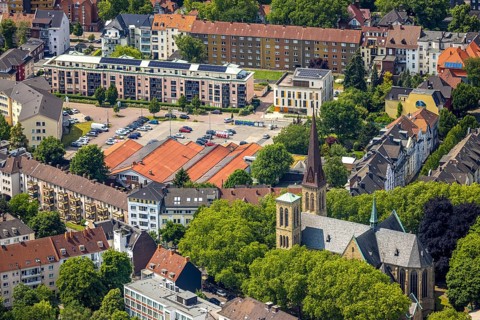 Aerial view, market place Siepenstraße and Herz-Jesu-Kirche, Herne-Mitte, Herne, Ruhr area, North