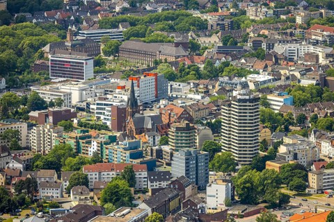 Aerial view, city centre view, residential area with KreuzKirche and high-rise residential tower