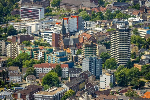 Aerial view, city centre view, residential area with KreuzKirche and high-rise residential tower