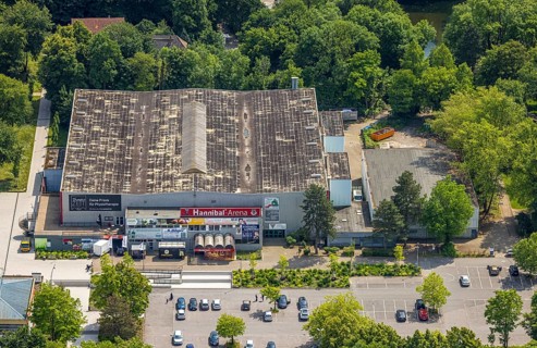 Aerial view, Hannibal-Arena ice rink in Revierpark Gysenberg, Börnig, Herne, Ruhr area, North