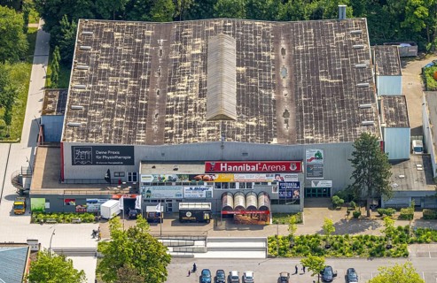 Aerial view, Hannibal-Arena ice rink in Revierpark Gysenberg, Börnig, Herne, Ruhr area, North