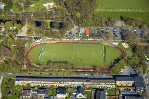 Aerial photo, football stadium and athletics stadium TuS Westfalia Wethmar e.V., training game,