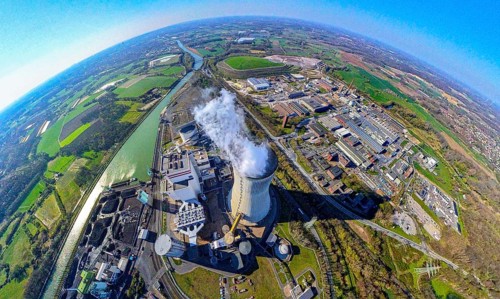 Aerial view, Trianel Kohlekraftwerk Lünen GmbH at the Datteln-Hamm canal, cooling tower with smoke