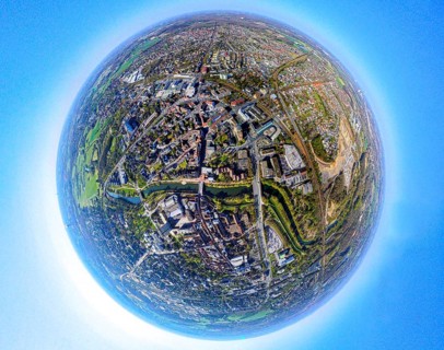 Aerial photo, residential area, local view Lünen-North, globe, fisheye shot, 360 degree shot, tiny