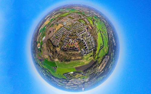 Aerial view, residential area, local view Alstedde, earth globe, fisheye shot, 360 degree shot,