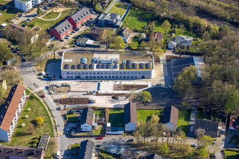 Aerial view, construction site and new building of the Osterfeldschule, Lünen, Ruhr area, North