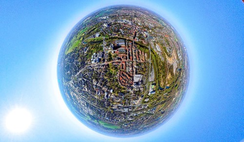 Aerial photo, Lünen Mitte residential area local view centre and river Lippe, earth globe, fisheye