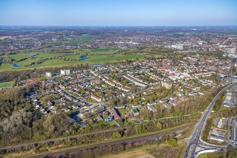 Aerial view, residential area, local view of Geistviertel an den Lippewiesen, Lünen, Ruhr area,