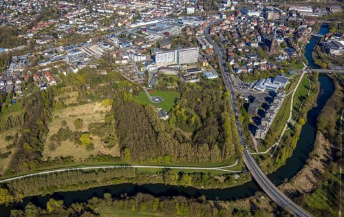 Aerial view, St. Marien Hospital and Lippe residential park with LippeBad on the River Lippe, St.