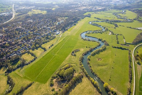 Aerial photograph, Lünen-Lippeweiden airfield and river Lippe meander with Lippe floodplain nature