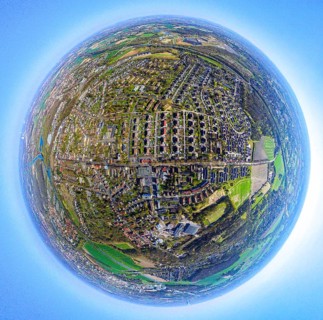 Aerial photo, residential area, local view Lünen-North, globe, fisheye shot, 360 degree shot, tiny