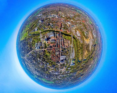 Aerial photo, Lünen Mitte residential area local view centre and river Lippe, earth globe, fisheye