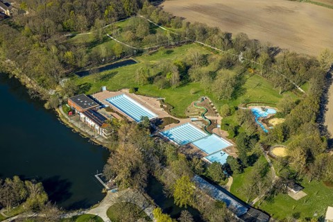Aerial view, outdoor swimming pool Cappenberger See, Nordlünen, Lünen, Ruhr area, North
