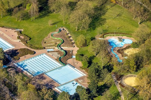 Aerial view, outdoor swimming pool Cappenberger See with water slide, Nordlünen, Lünen, Ruhr area,