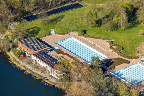 Aerial view, outdoor swimming pool Cappenberger See, Nordlünen, Lünen, Ruhr area, North