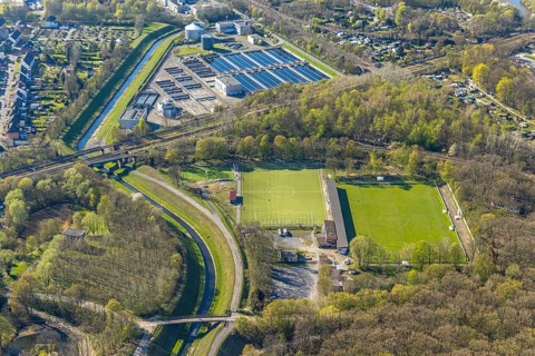 Aerial view, sports facility football stadium Kampfbahn Schwansbell of Lüner SV, sewage treatment