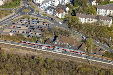 Aerial view, Lünen Preußen station, station building with S-Bahn and platform, Lünen, Ruhr area,