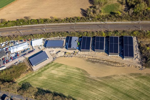 Aerial view, construction area on the railway line, Derner Straße industrial estate, Horstmar,