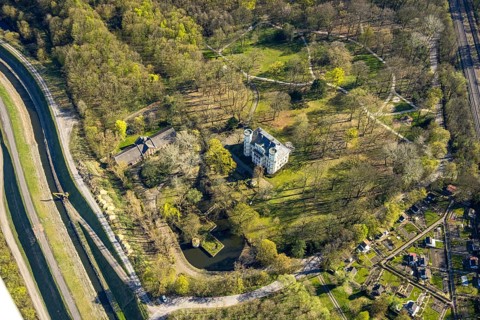 Aerial view, Schwansbell Castle with two towers, former knight's seat of the Lords of Schwansbell,