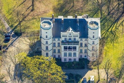 Aerial view, Schwansbell Castle with two towers, former knight's seat of the Lords of Schwansbell,