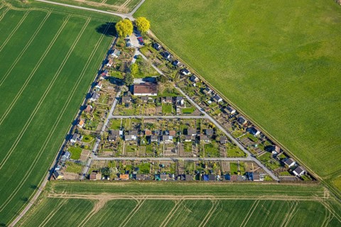 Aerial view, triangular allotment garden association Grüne Insel, Alstedde, Lünen, Ruhr area, North