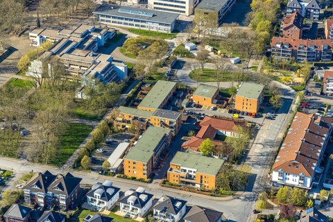 Aerial view, evang. parish Lünen, Heiland Gemeindehaus, Nordlünen, Lünen, Ruhr area, North
