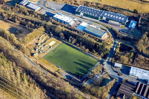Aerial view, sports ground SSV Kirchveischede and Bikepark, commercial area Kirchveischede,