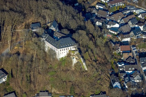 Aerial view, Bilstein Castle, youth hostel and historical sight, Bilstein, Lennestadt, Sauerland,