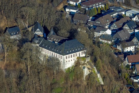 Aerial view, Bilstein Castle, youth hostel and historical sight, Bilstein, Lennestadt, Sauerland,