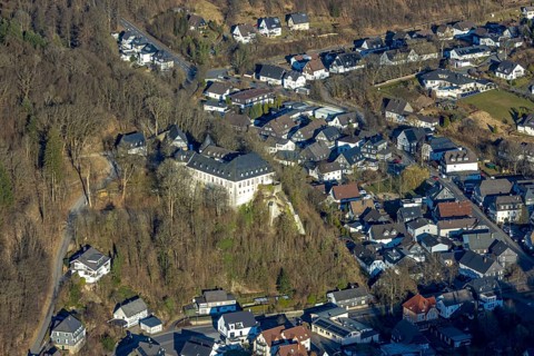 Aerial view, Bilstein Castle, youth hostel and historical sight, Bilstein, Lennestadt, Sauerland,