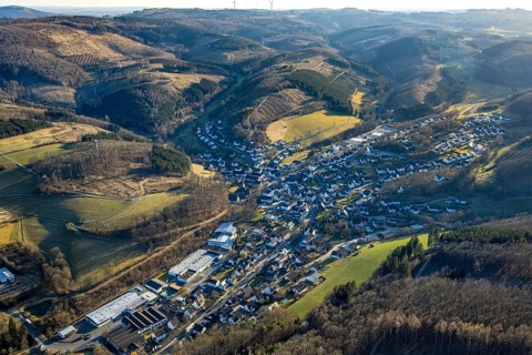 Aerial view, residential area, view of Kirchveischede, hilly landscape, forest area with forest