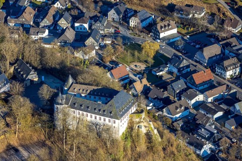 Aerial view, Bilstein Castle, youth hostel and historical sight, Bilstein, Lennestadt, Sauerland,