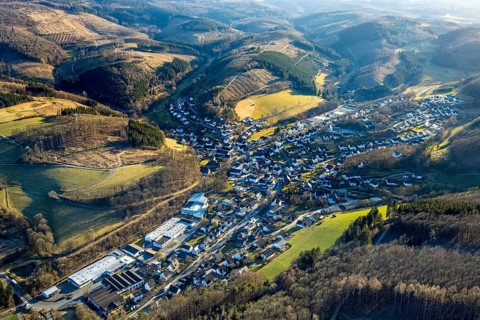 Aerial view, residential area, view of Kirchveischede, hilly landscape, forest area with forest
