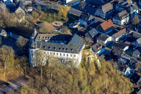 Aerial view, Bilstein Castle, youth hostel and historical sight, Bilstein, Lennestadt, Sauerland,