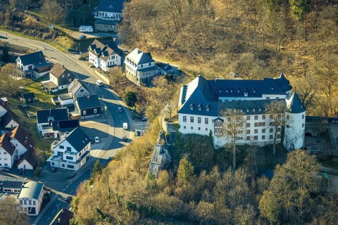 Aerial view, Bilstein Castle, youth hostel and historical sight, Bilstein, Lennestadt, Sauerland,
