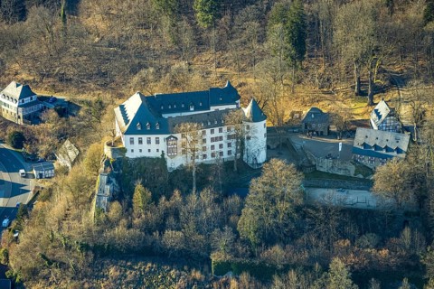 Aerial view, Bilstein Castle, youth hostel and historical sight, Bilstein, Lennestadt, Sauerland,