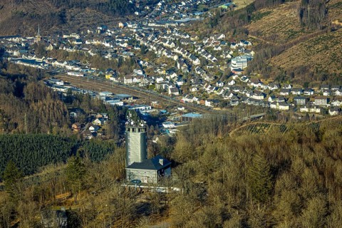 Aerial view, Hohe Bracht Café and Observation Tower, Bilstein, Lennestadt, Sauerland, North