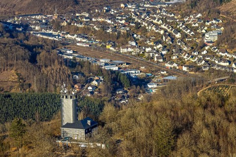 Aerial view, Hohe Bracht Café and Observation Tower, Bilstein, Lennestadt, Sauerland, North